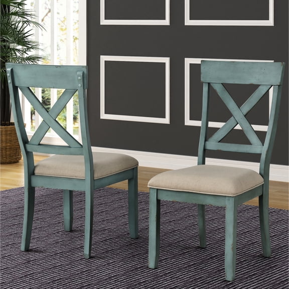 Upholstered Dining Chairs, Of 2 In Antique Blue. Solid Rubberwood Frame, Tan Fabric Seat. Powder Coat Finish. Dimensions: 38.24"h X 18.61"w 23.05"d Blue Color. Rubberwood,