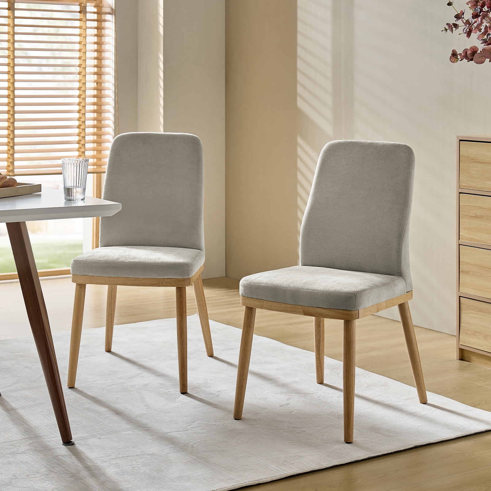 Gray Upholstered Side Chair with Natural Solid Wood Legs, Set of 2
