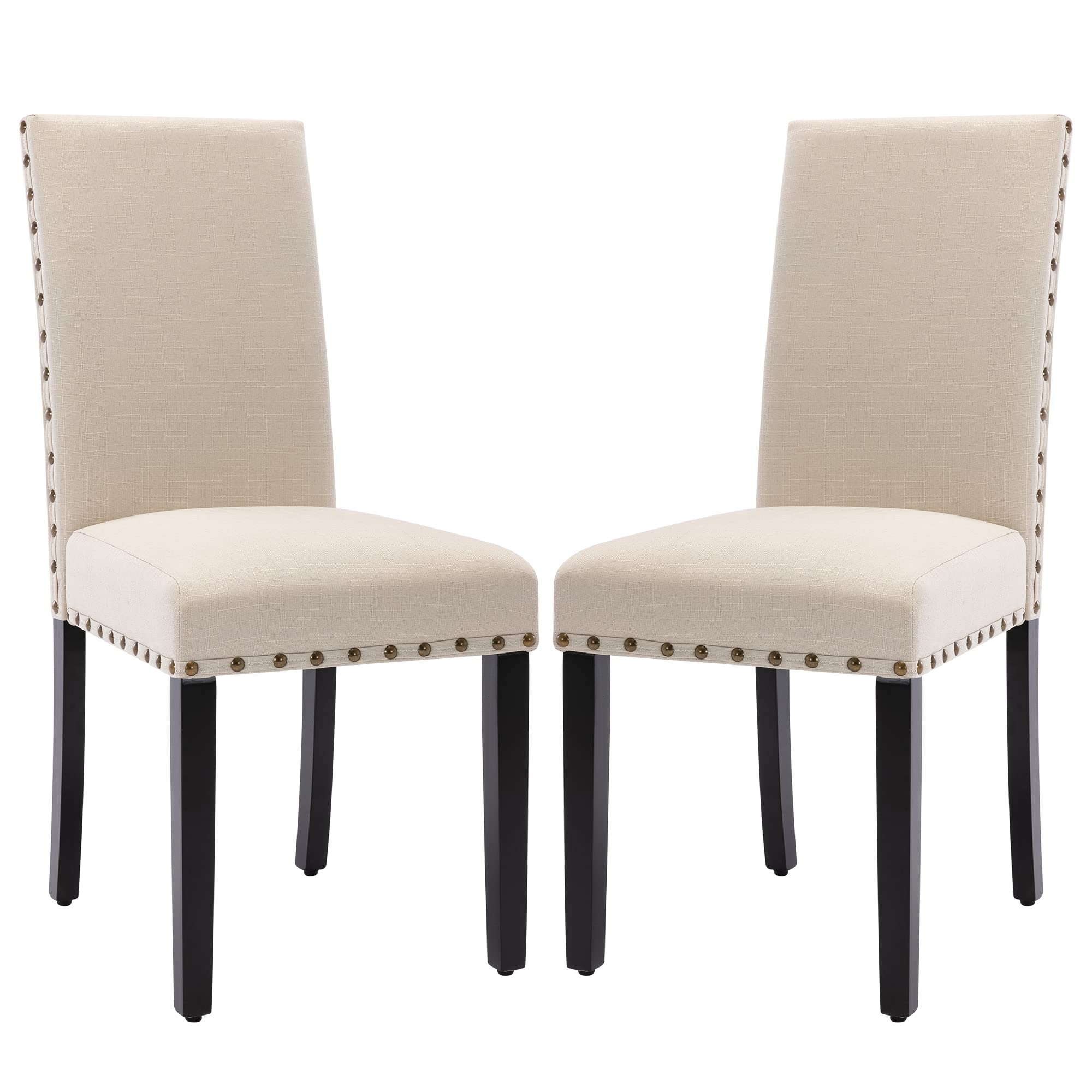 Dark Oak Dining Chairs Set of 2 - Cream Upholstered High Back Side Chairs with Nailhead Trim - Modern Wooden Kitchen Furniture - Heavy Duty Padded Dining Room Chairs