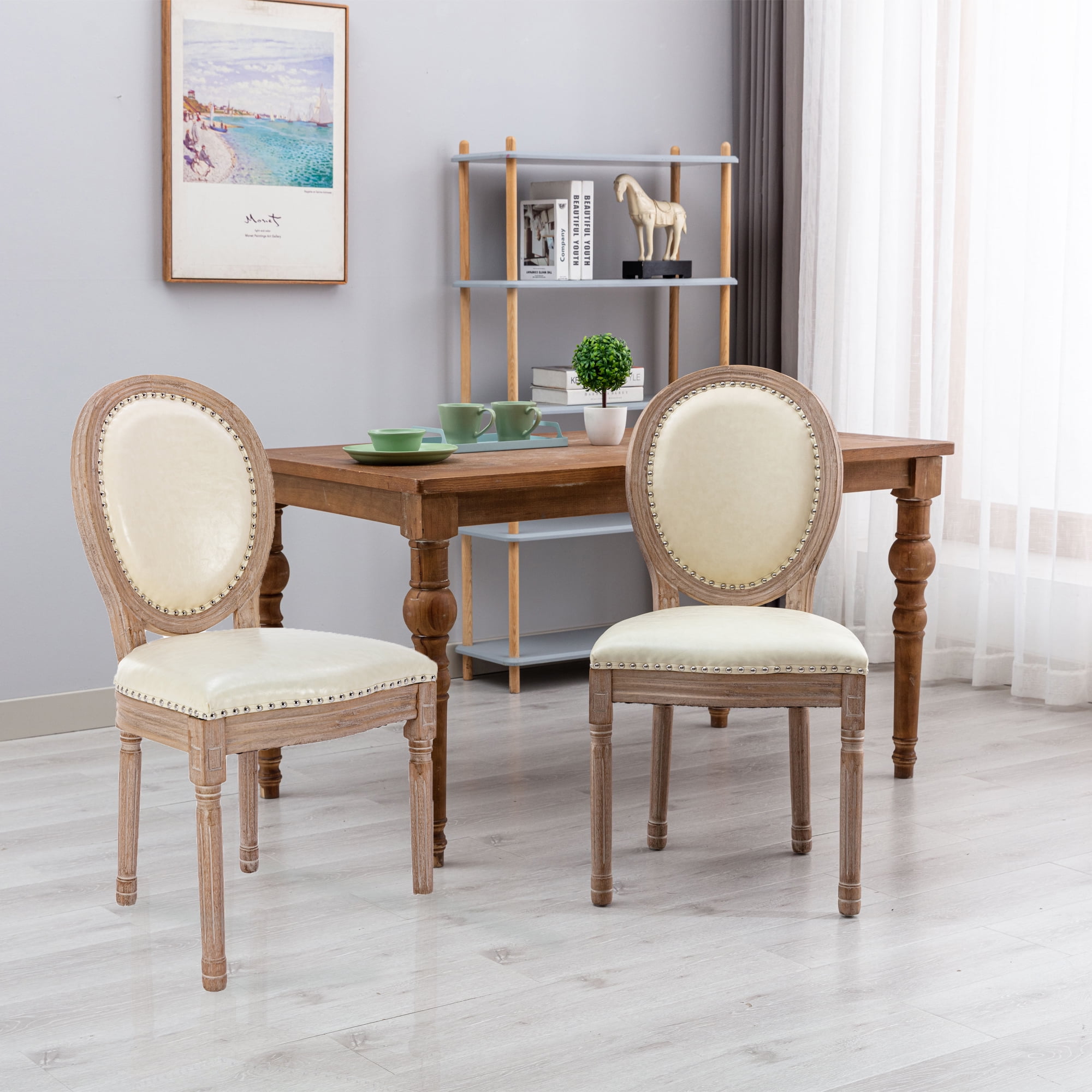 King Louis Back Side Chair Set of 4 French Country Dining Chairs  Upholstered Linen Dining Room Chairs,Beige