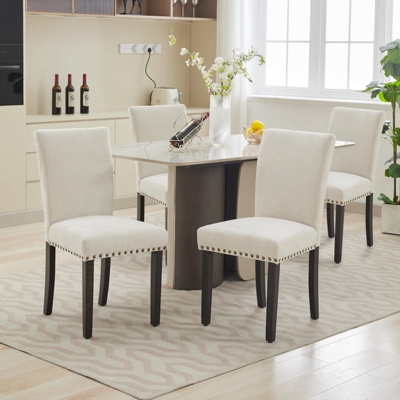 Upholstered Dining Chairs Set of 2, Fabric Parsons Dining Room Chair with Nailhead Trim and Sturdy Wood Legs, for Small Space Vintage, for Small Space, Apartment，Beige