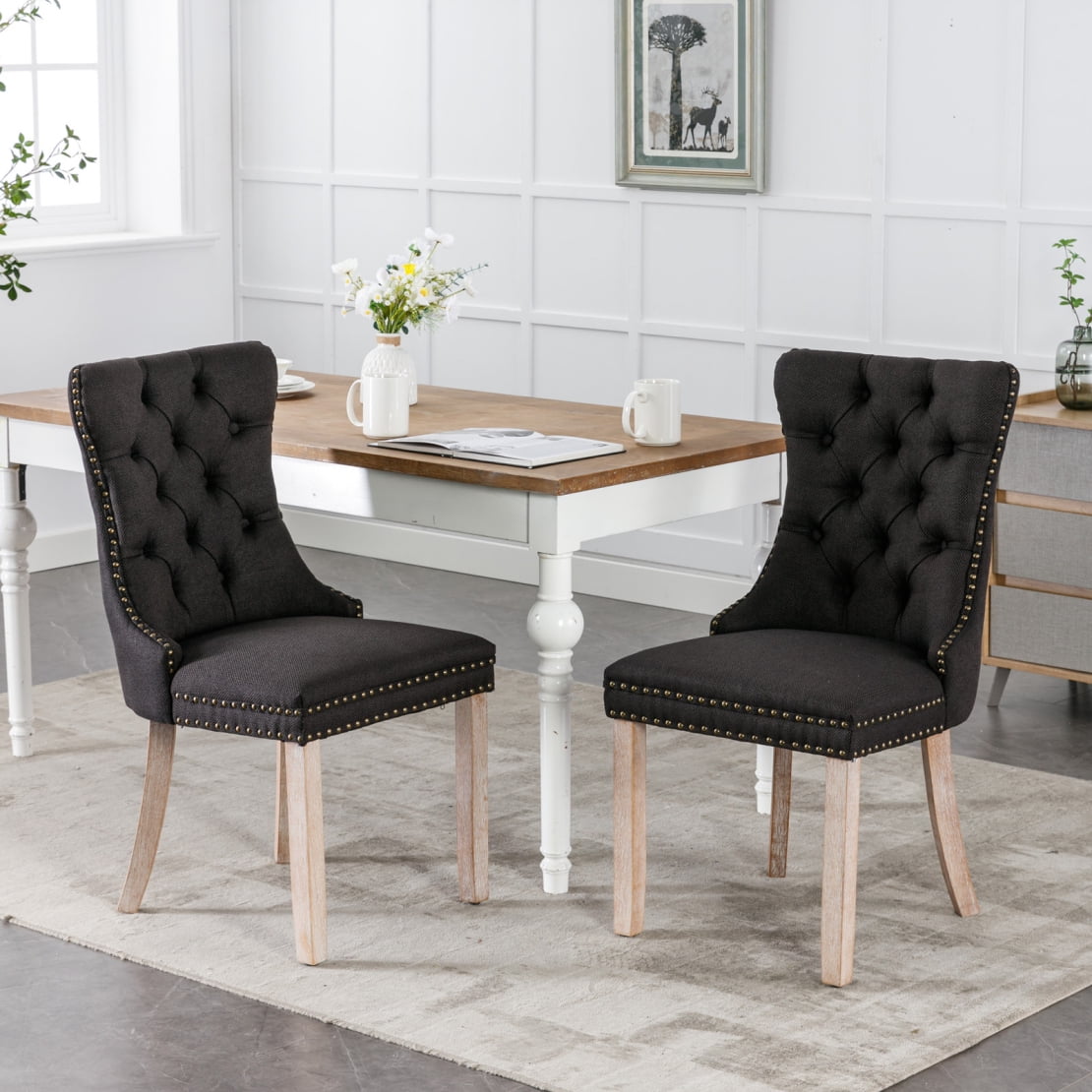 Upholstered Dining Chairs Set of 2, Linen Dining Room Chairs with Solid ...