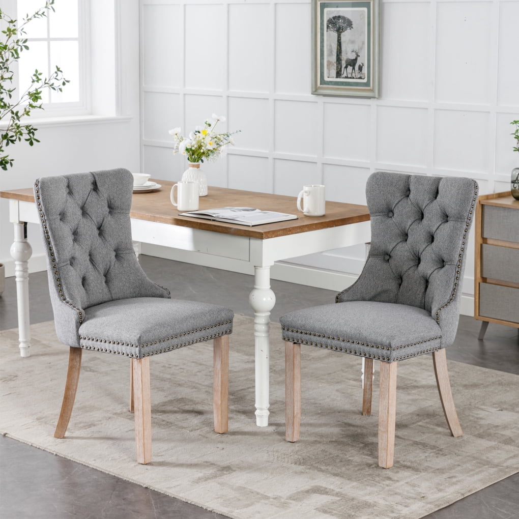 Upholstered Dining Chairs Set of 2, Linen Dining Room Chairs with Solid ...