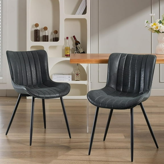 Upholstered Dining Chairs Set of 2, Mid Century Modern Armless Kitchen Chair with Faux Leather & Back & Metal Legs, for Dining Room, Bedroom, Reception Waiting Room, Black