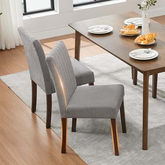 Upholstered Dining Chairs Set of 2, Modern Fabric Kitchen Side Chairs with Sturdy Wood Legs, Rubber Frame,Sleek Vertical Stripes, Comfortable Soft Linen for Dining Room, Restaurant, Cafe