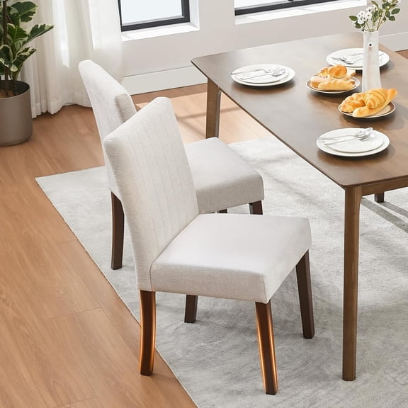 Upholstered Dining Chairs Set of 2, Modern Fabric Kitchen Side Chairs with Sturdy Wood Legs, Rubber Frame,Sleek Vertical Stripes, Comfortable Soft Linen for Dining Room, Restaurant, Cafe