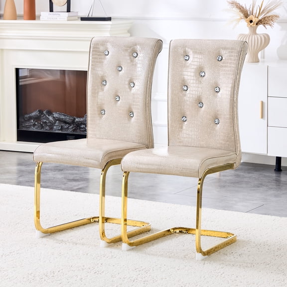 Upholstered Dining Chairs Set of 2, Modern Faux Leather Kitchen Side Chairs, High Back, Metal Legs, Crystal Decor Button Tufted Dining Room Chairs, Beige Gold