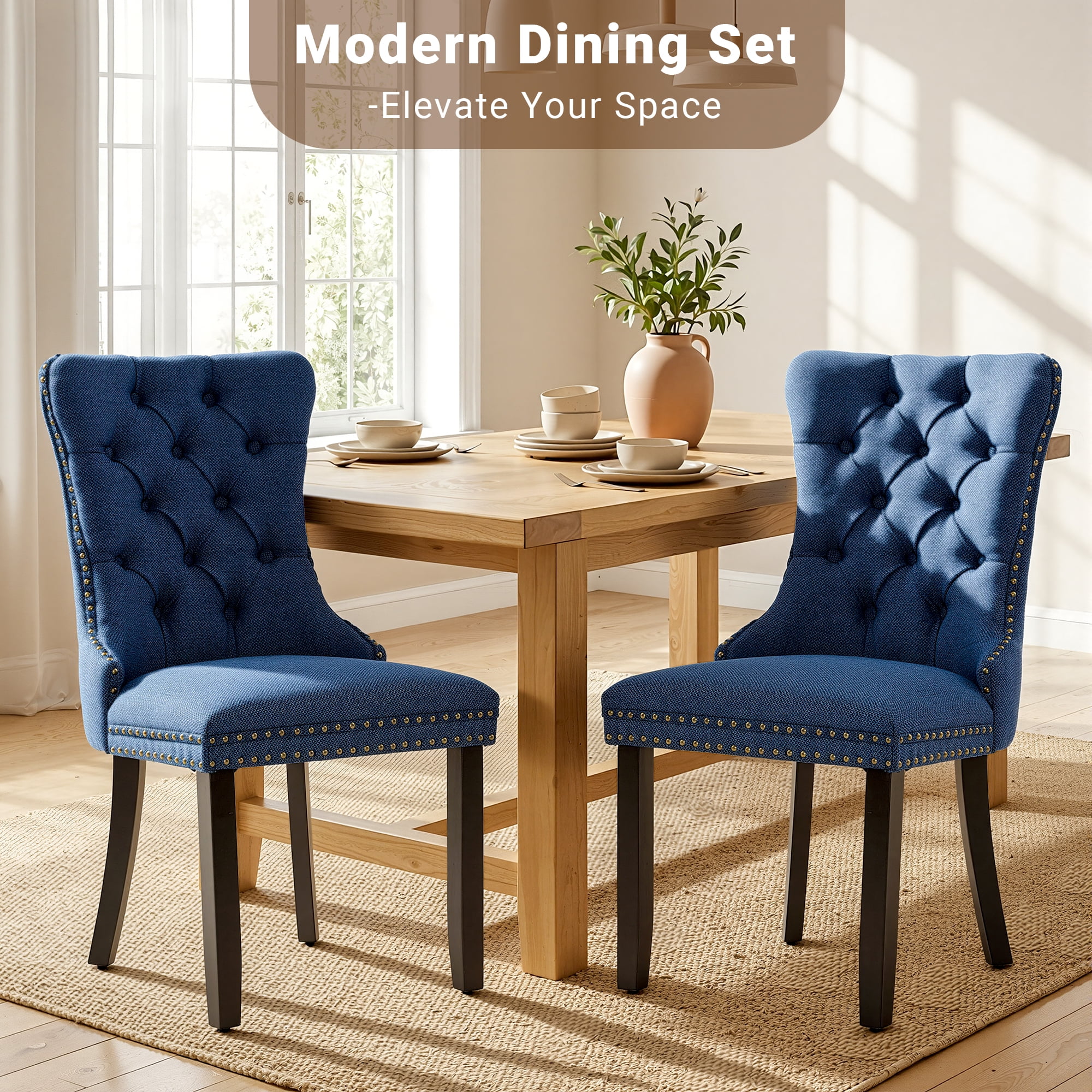 Upholstered Dining Chairs Set of 2, Segmart Modern Fabric Dining Room Chair with Nailhead Trim and Wood Legs, Mid-Century Accent for Living Room, Kitchen, Blue