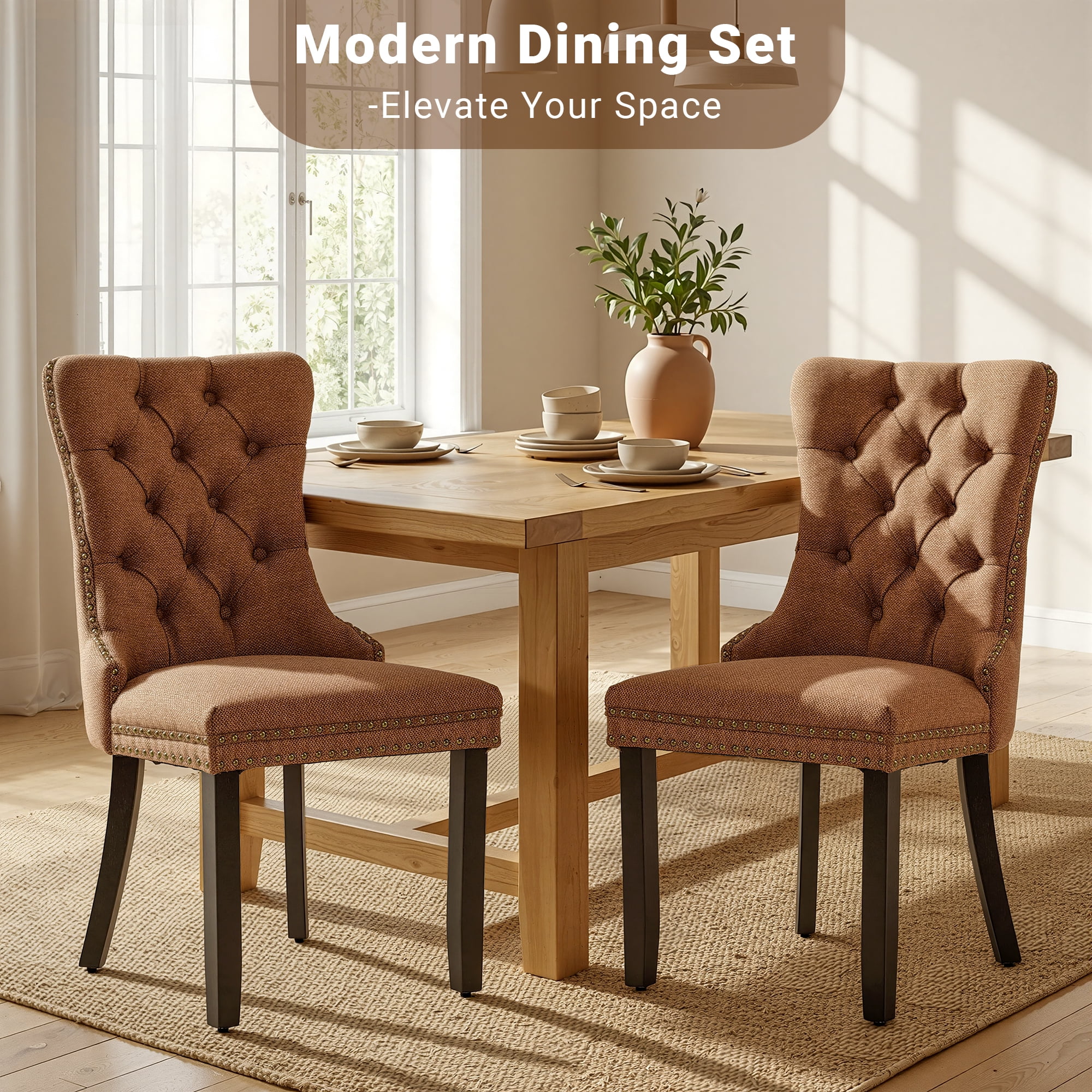 Upholstered Dining Chairs Set of 2, Segmart Modern Fabric Dining Room Chair with Nailhead Trim and Wood Legs, Mid-Century Accent for Living Room, Kitchen, Coffee
