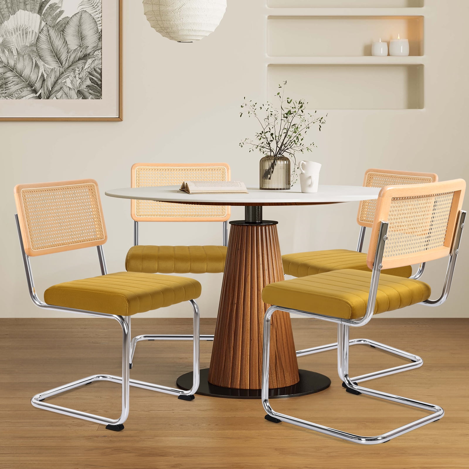 Upholstered Dining Chairs Set of 4 Cane Back Velvet MidCentury Modern