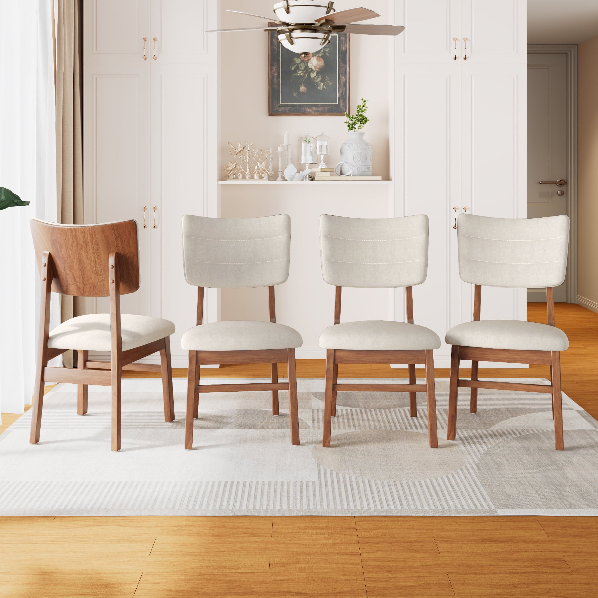Dining Chairs Upholstered Dining Chairs Set of 4, Ergonomic Mid-Century Modern Dining Chairs with Sturdy Rubberwood Frame, Non-Slip Kitchen Chairs for Dining Room,Kitchen, Cafe, Beige+Brown,Wooden Dining Chairs