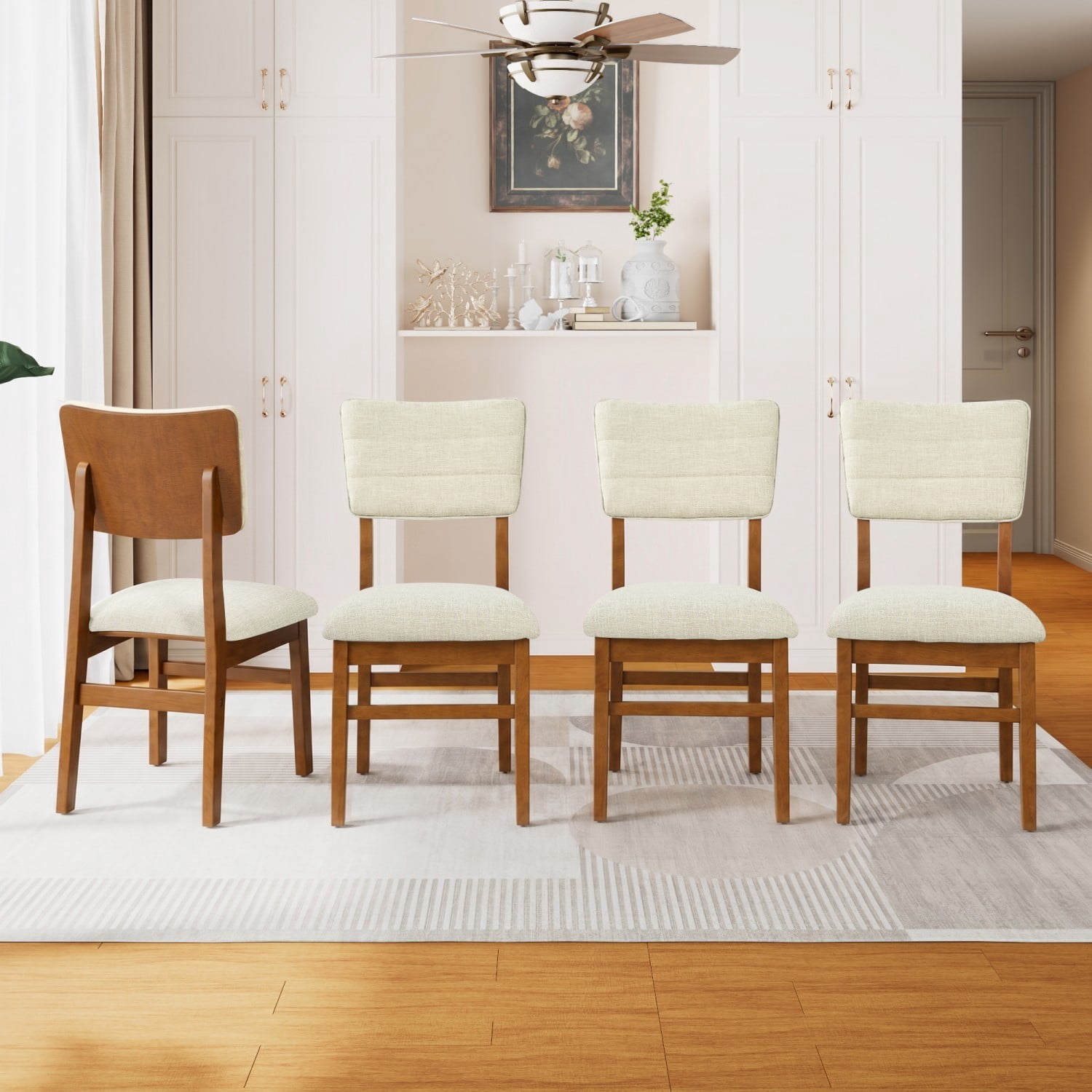 Upholstered Dining Chairs Set of 4, Mid Century Modern Kitchen & Dining Chairs with Ergonomic Back, Solid Rubberwood Frame, Fabric Side Chairs with Non-Slip Feet, Beige & Brown