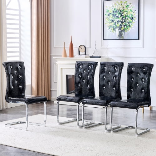 Upholstered Dining Chairs Set of 4, Modern Faux Leather Kitchen Side Chairs, High Back, Metal Legs, Crystal Decor Button Tufted Dining Room Chairs, Black Silver