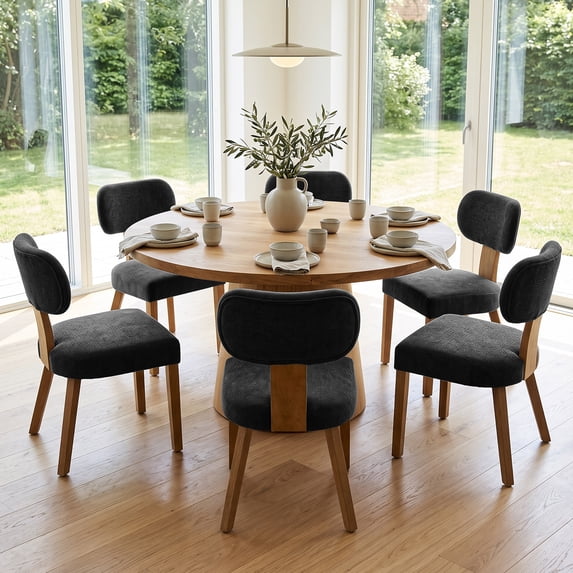 Upholstered Dining Chairs Set of 6, Mid Century Modern Dining Room Chairs with Wood Legs and Padded Seat Armless Kitchen Chairs for Living Room,Bedroom,Office,Restaurant,Black