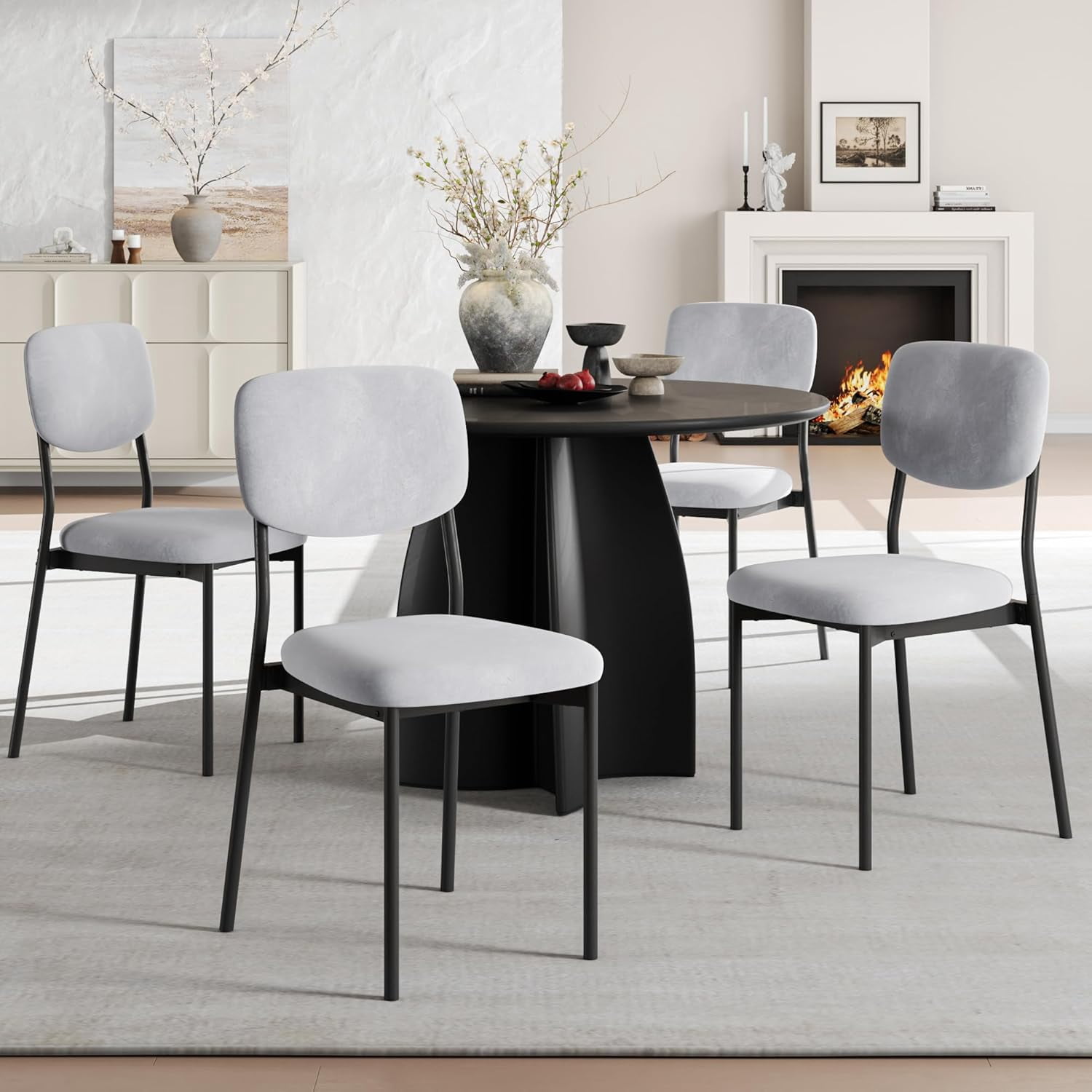 Upholstered Dining Chairs Set of 4, Stackable Modern Dining Room Chairs, Kitchen Chairs w/Soft Velvet Backrest & Sturdy Metal Legs ,Light Grey
