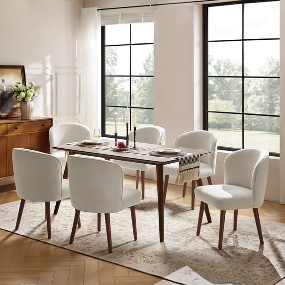 Upholstered Dining Chairs Set of 6 Armless Side Chairs Solid Wood Legs Restaurant Kitchen Linen
