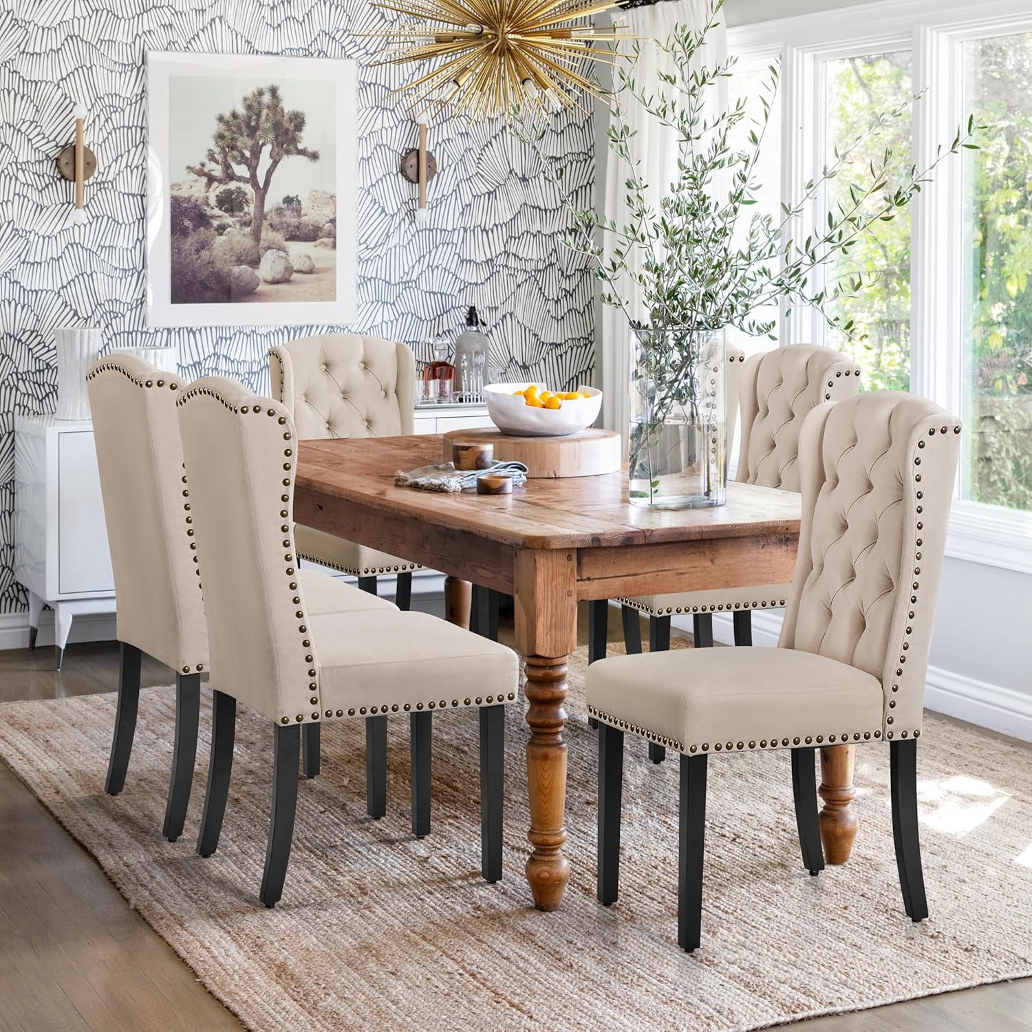 Upholstered Dining Chairs Set of 6 Button Tufted with Solid Wood and ...