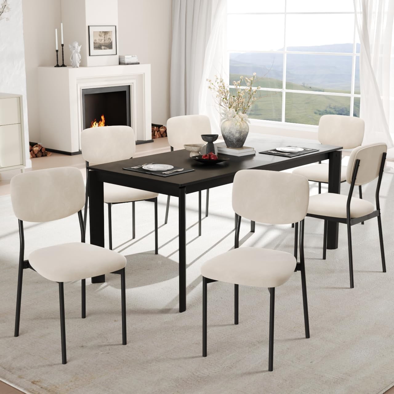 Upholstered Dining Chairs Set of 6, Stackable Modern Dining Room Chairs, Kitchen Chairs w/Soft Velvet Backrest & Sturdy Metal Legs ,Cream Beige