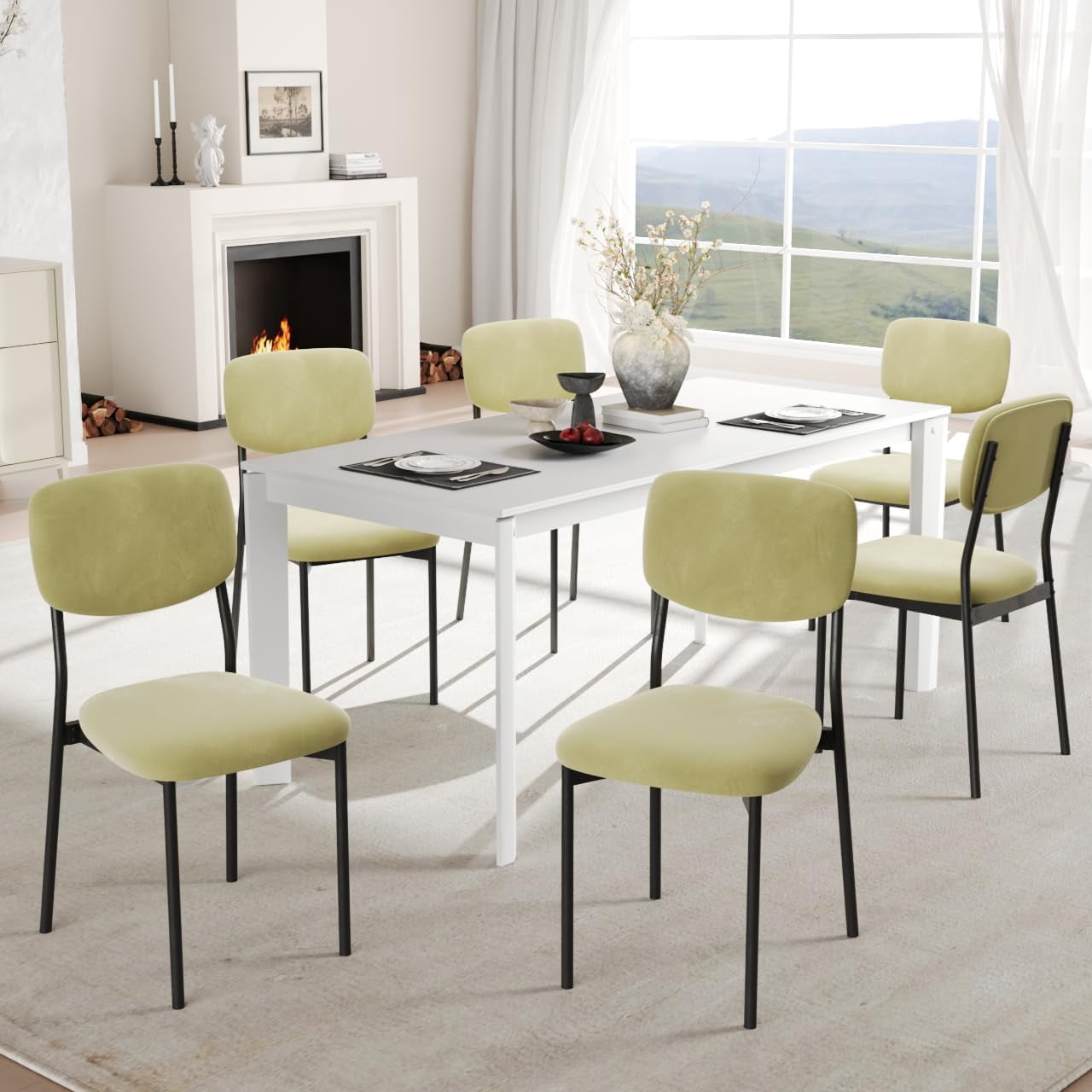 Upholstered Dining Chairs Set of 6, Stackable Modern Dining Room Chairs, Kitchen Chairs w/Soft Velvet Backrest & Sturdy Metal Legs ,Light Green