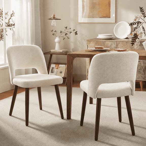 VKNOW Upholstered Dining Chairs with Solid Wood Frame, Padded Seat & Curved Back, Chenille Accent Chairs for Dining Room, Kitchen, Living Room, Beige, Set of 2