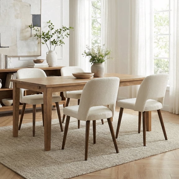 VKNOW Upholstered Dining Chairs with Solid Wood Frame, Padded Seat & Curved Back, Chenille Accent Chairs for Dining Room, Kitchen, Living Room, Beige, Set of 4