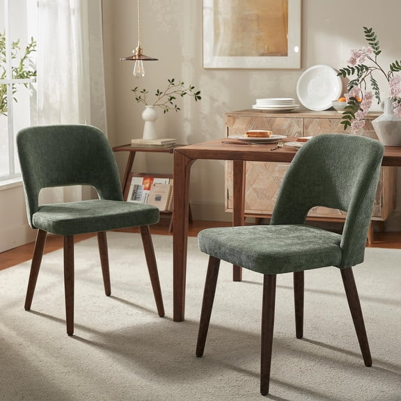 VKNOW Upholstered Dining Chairs with Solid Wood Frame, Padded Seat & Curved Back, Chenille Accent Chairs for Dining Room, Kitchen, Living Room, Green, Set of 2
