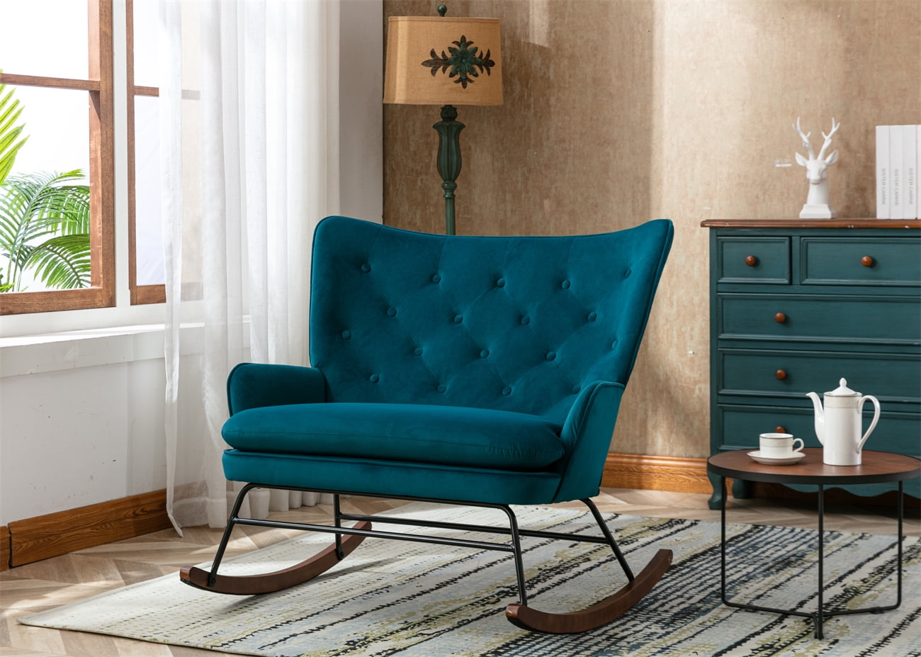 Upholstered Double Nursery Rocking Chair, Modern High Back Rocker Chair