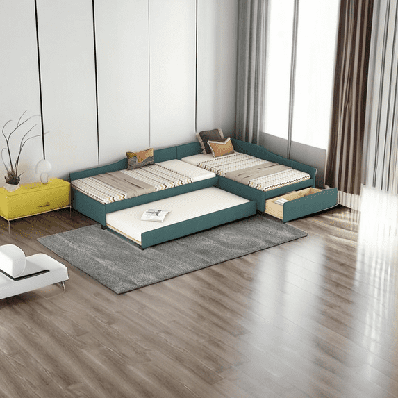 Upholstered Double Twin Size Daybed with Trundle and Storage Drawer, L-Shaped Linen Fabric Daybed Sofa Bed for Bedroom Living Room Guest Room Office