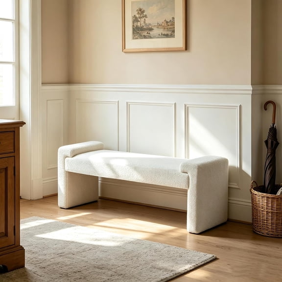 Upholstered Entryway Bench, 43" Modern Bedroom Bench, White | Sherpa Fleece, Curved Armrests, Solid Wood Frame, End of Bed, Bedroom, Living Room, Hallway