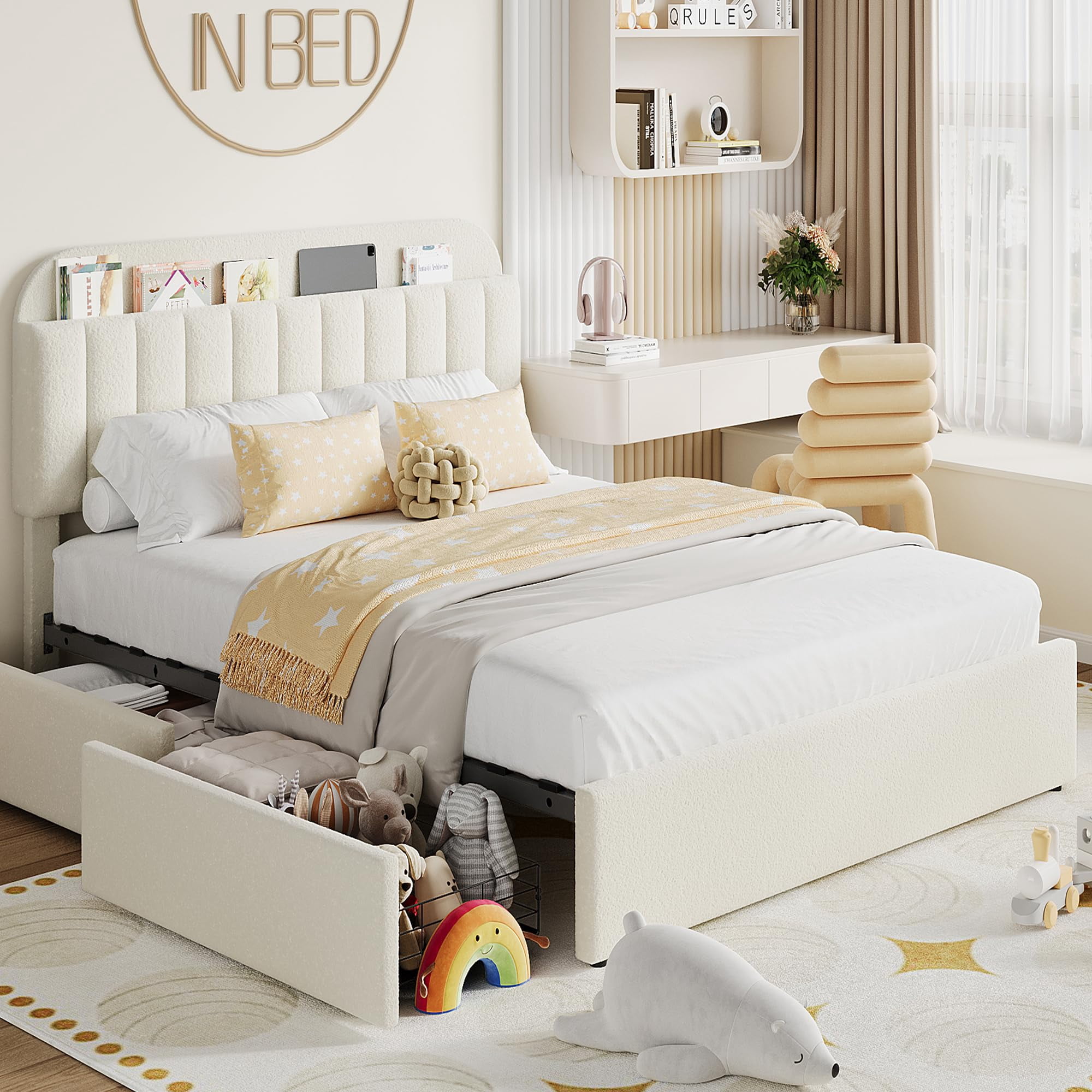 Upholstered FULL Platform Bed, FULL Size Bed Frame with Storage Underneath and Headboard, Wood Platform Bed for Bedroom (White)