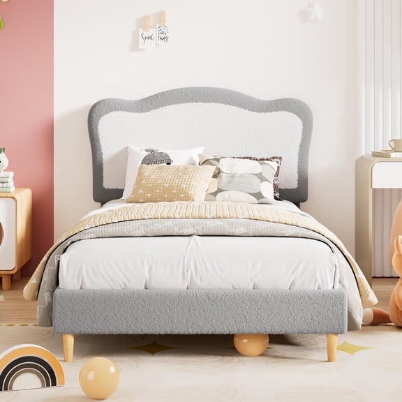 Platform Bed Frame with Scallop Headboard, Soft Berber Fleece for Bedroom,Full,Light gray&White