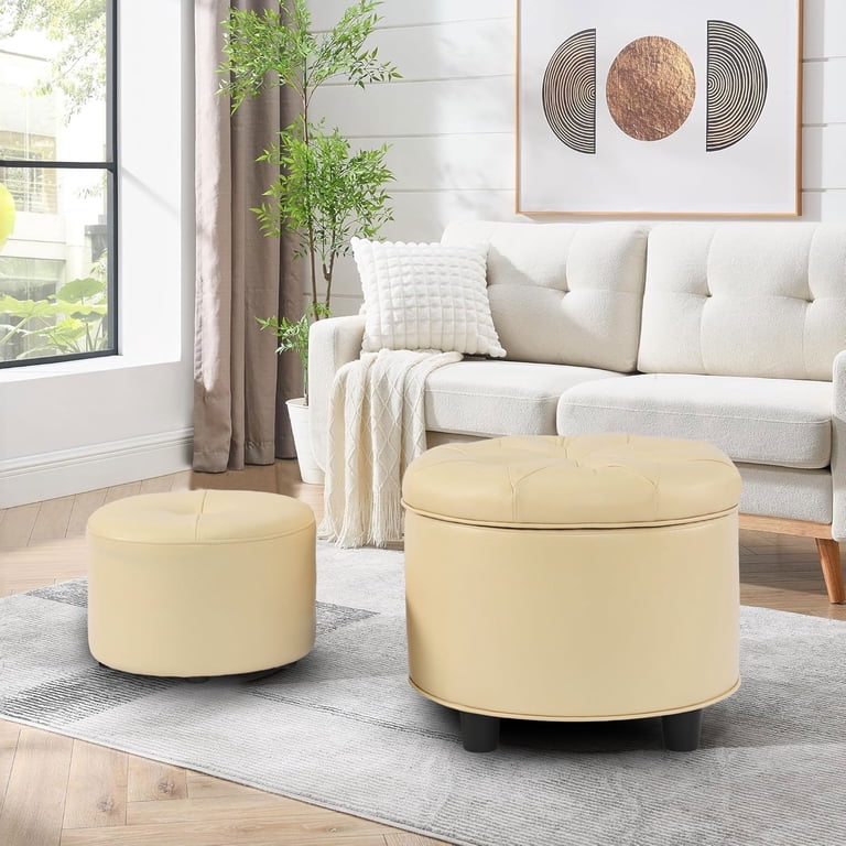 Upholstered Fabric Button Tufted Round Foot Rest Ottoman with