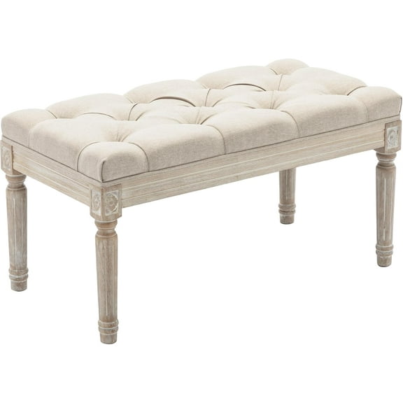 Upholstered Fabric Entryway Bench, Tufted Piano Bench for 2 People, Rubber Wood Legs with Beautiful Carved Pattern for Bedroom/Living Room/Dining Room (Beige)