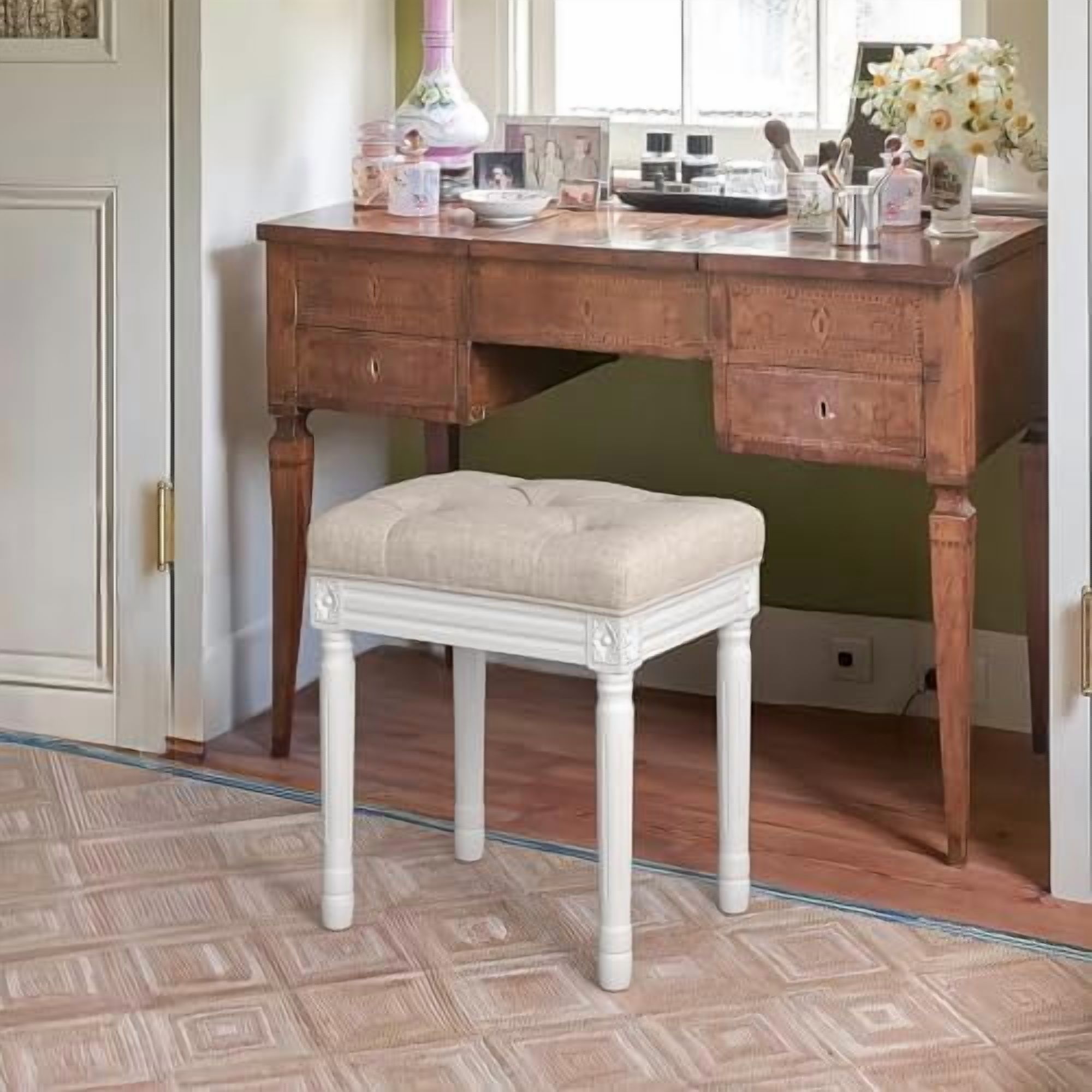 Upholstered Fabric Vanity Bench Seat, Makeup Stools for Vanity, Square