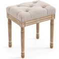 thumbnail image 1 of Upholstered Fabric Vanity Bench Seat, Makeup Stools for Vanity, Square Tufted Ottoman Bench with Carved Wood Color Legs for Bedroom Living Room, Linen Color, 1 of 12