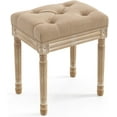 thumbnail image 1 of Upholstered Fabric Vanity Bench Seat, Makeup Stools for Vanity, Square Tufted Ottoman Bench with Carved Wood Color Legs for Bedroom Living Room, Wheat Color, 1 of 6