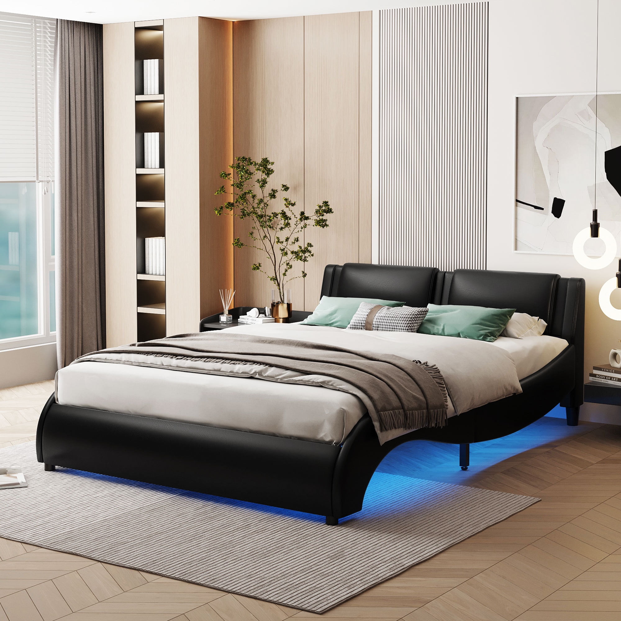 Twin Bed Frame With LED Headboard & Wingback Design - Faux Leather Upholstered Platform, No Box Spring Needed, Black