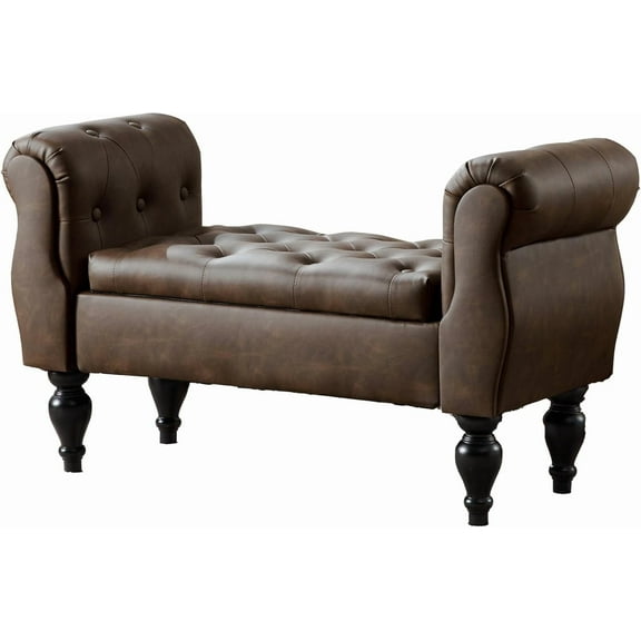 Upholstered Faux Leather Storage  with Arms and Wooden Legs, 39.76" Modern Button Tufted Benches for Bedroom End of Bed , Living Room Entryway Sitting Window Benches for Hallway, Brown