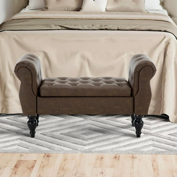 Upholstered Faux Leather Storage Bench with Arms and Wooden Legs, 39.76" Modern Button Tufted Benches for Bedroom End of Bed Bench, Living Room Entryway Sitting Window Benches for Hallway, Brown