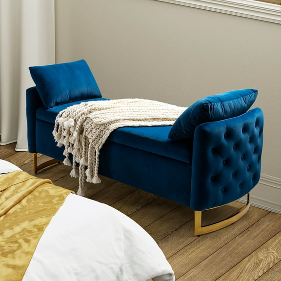 Upholstered Flip-Top Storage Bench Button Tufted with Pillows Golden Base for Home Bedroom Navy