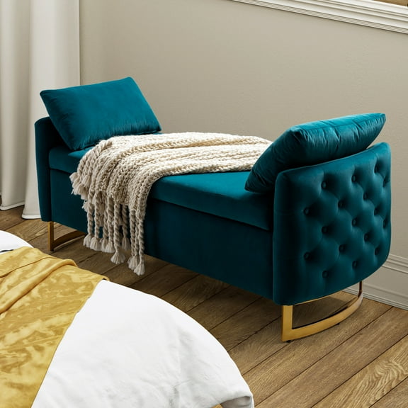Upholstered Flip-Top Storage Bench Button Tufted with Pillows Golden Base for Home Bedroom Teal