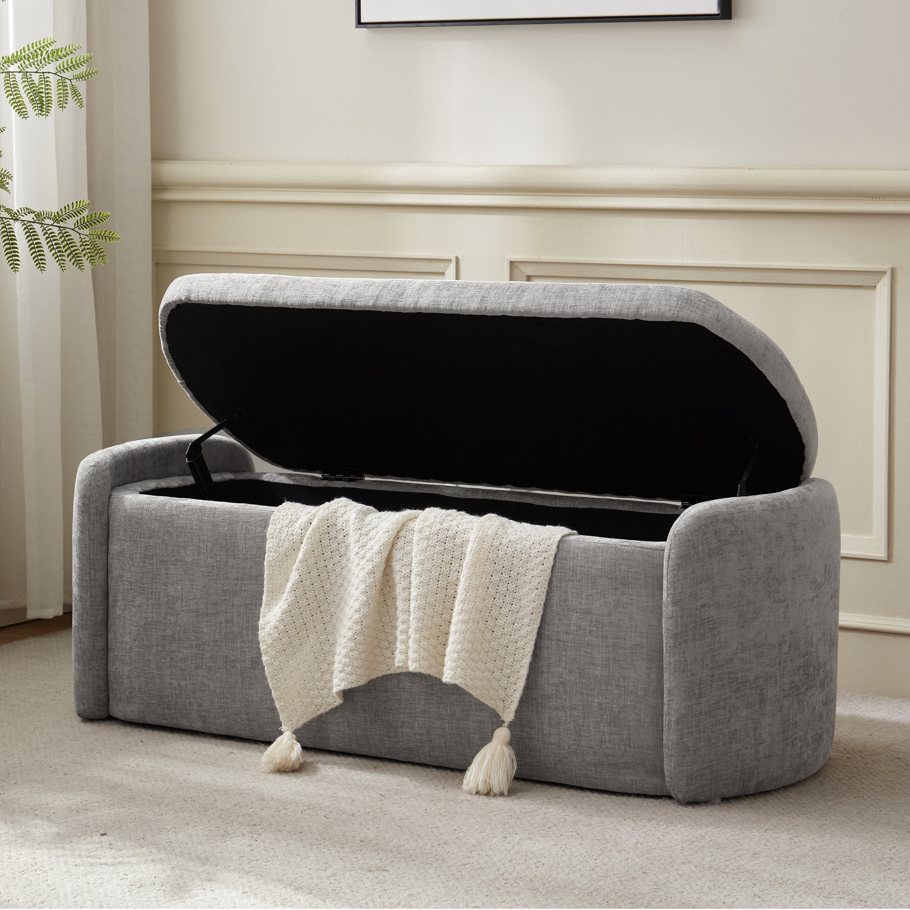 Upholstered Flip Top Storage Bench, Chenille Bedroom Bench with Solid ...