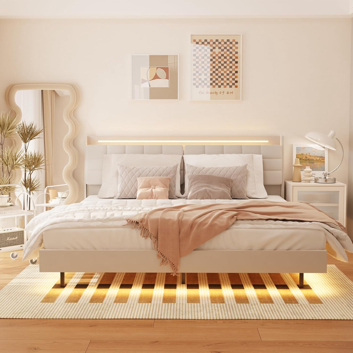 Upholstered Floating Bed Frame Queen with 20 Color LED Lights& USB ...