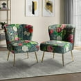 thumbnail image 1 of Upholstered Floral Accent Slipper Chairs Set of 2 Side Dining Chair Wingback Armless Sofa Tufted Back Golden Legs Home Living Room Bedroom Grey, 1 of 8