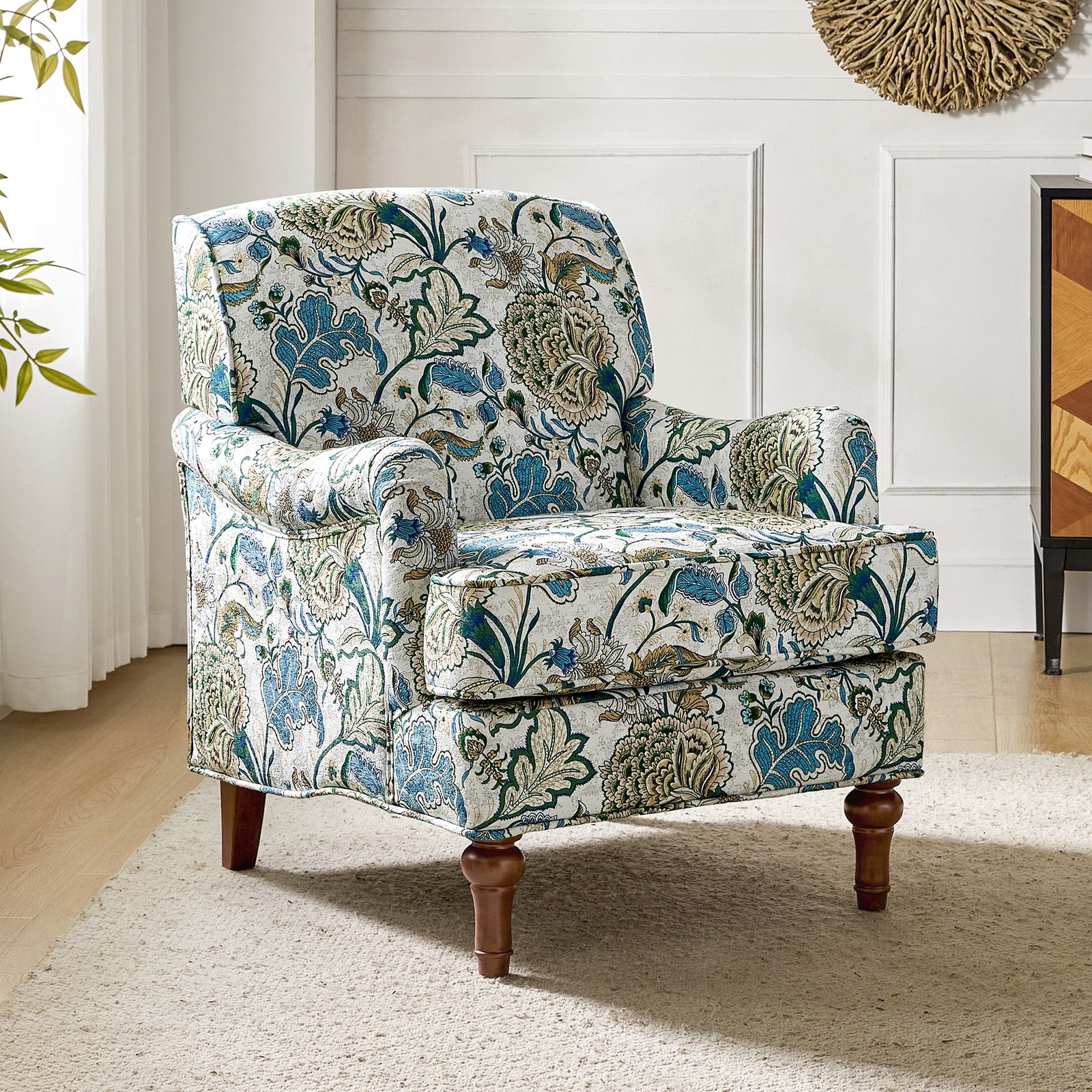 Upholstered Floral Armchair Lounge Accent Chair Wood Legs