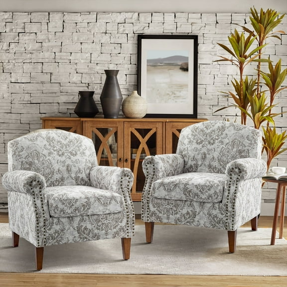 Upholstered Floral Armchair Set of 2 Single Lounge Sofa Accent Chair Nailhead Trim Wooden Legs Home Living Room Bedroom Beige