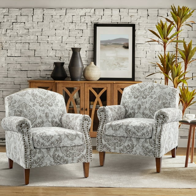 Upholstered Floral Armchair Set of 2 Single Lounge Sofa Accent Chair Nailhead Trim Wooden Legs