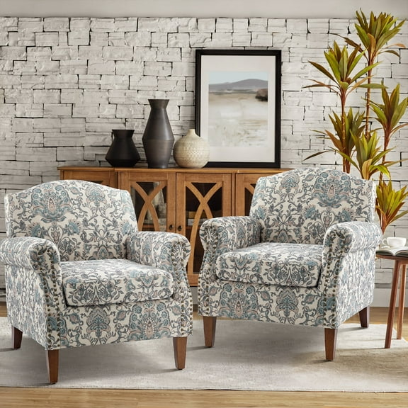 Upholstered Floral Armchair Set of 2 Single Lounge Sofa Accent Chair Nailhead Trim Wooden Legs Home Living Room Bedroom Blue