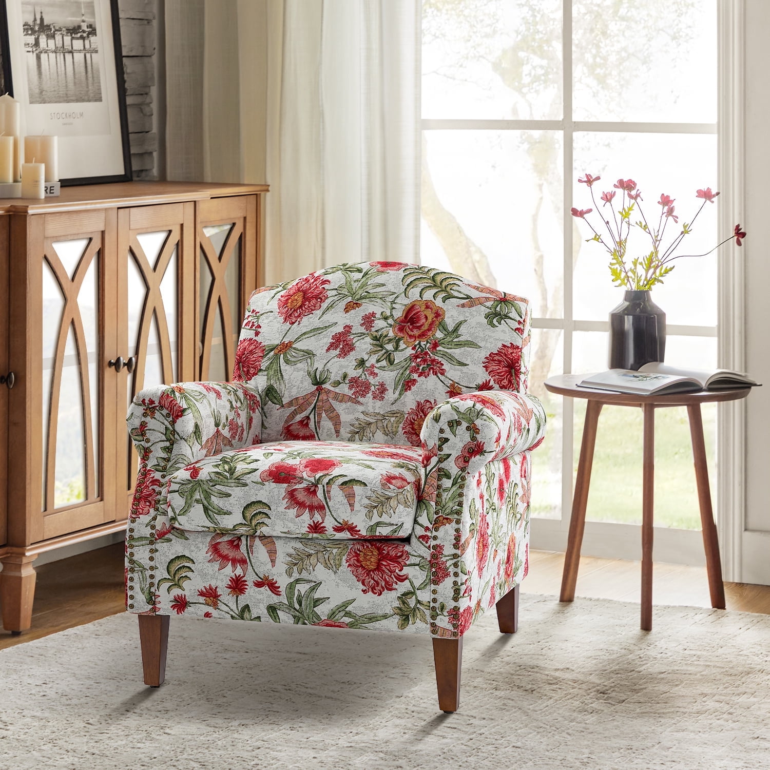 Red Floral Armchair with Nailhead Trim, Removable Cushion, Wooden Legs