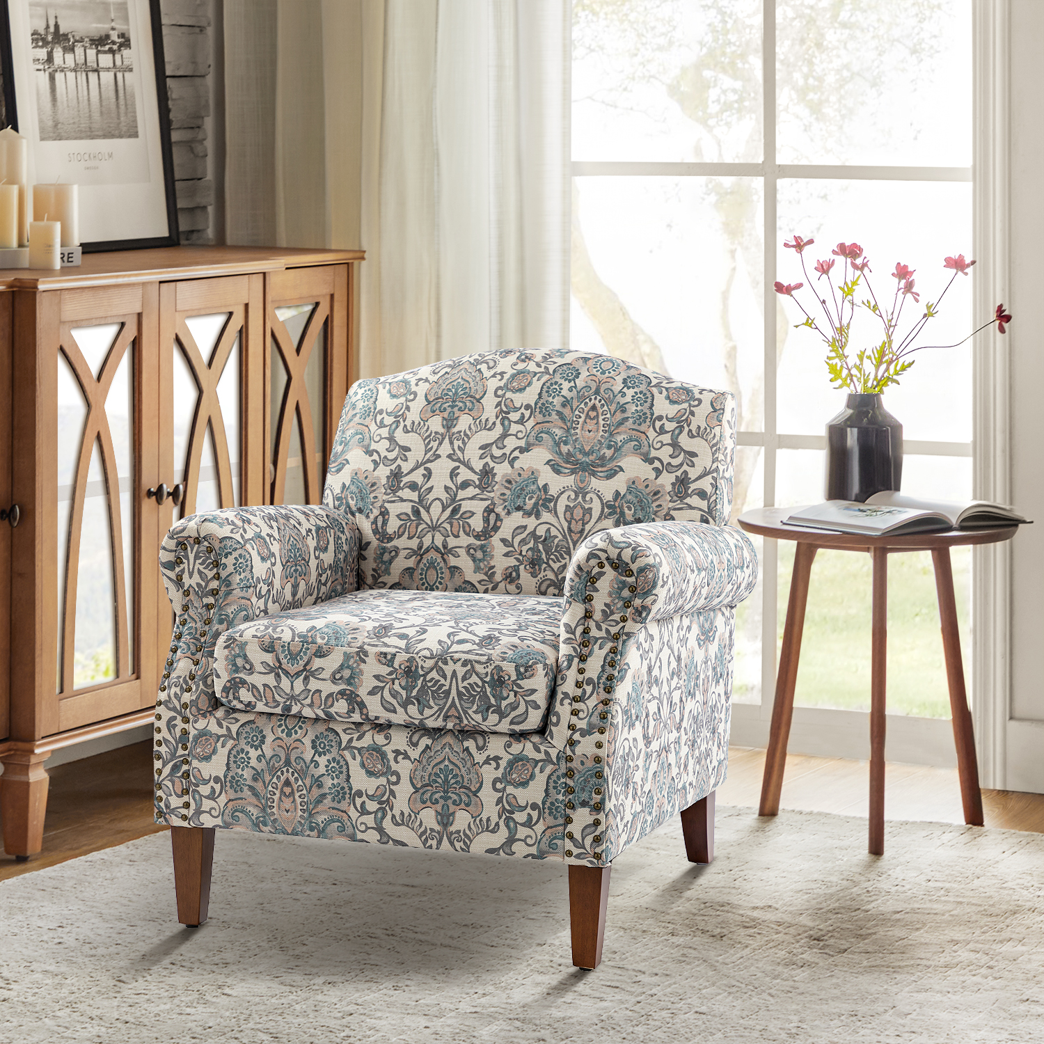Upholstered Floral Armchair Single Sofa Accent Chair Nailhead Trim Upholstered Floral Armchair Single Sofa Accent Chair Nailhead Trim